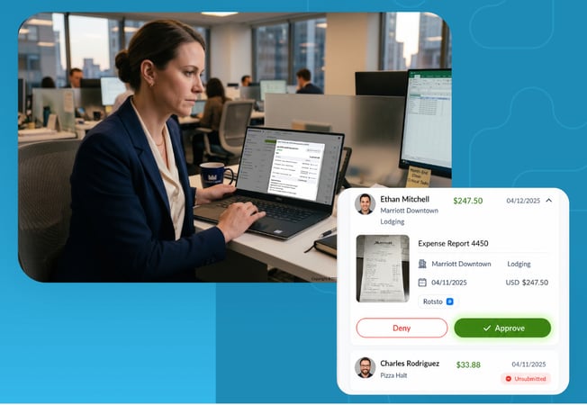 finance professional reviewing expense dashboard on laptop, month-end close context