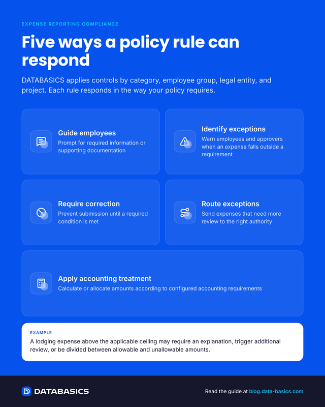 Five ways a policy rule can respond in DATABASICS: guide employees, identify exceptions, require correction, route exceptions, and apply accounting treatment.