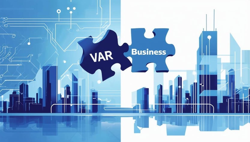 A modern, minimalist illustration of two interlocking puzzle pieces, one labeled VAR and one labeled Business, floating above a geometric cityscap