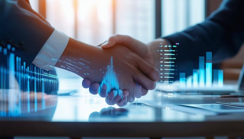 Closeup professional photograph of two business people shaking hands across a sleek conference table, with holographic technology displays floating be