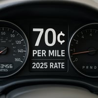 Concept A car dashboard odometer with a digital overlay of 70 per mile representing the 2025 rate-1