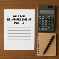 Concept A flat lay of a policy document labeled Mileage Reimbursement Policy beside a calculator and notebook-1