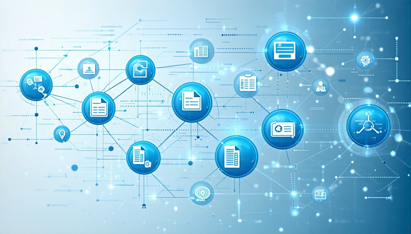 a network of data coming together into prominent icons of timesheets and expense reports