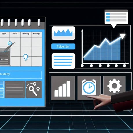 The Ultimate Guide to Time and Expense Software, a sleek and modern dashboard interface displaying a variety of functional modules. At the forefront, a user-friendly calendar is highlighted where tasks and meetings are neatly organized, symbolizing meticulous time management. Accompanying this is a graph showcasing an upward trend in productivity, emphasizing the software's impact on work efficiency.