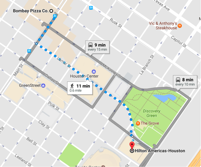 map to Bombay Pizza Co in Houston, TX, for expense management software conference