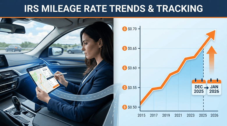 A split-screen composition showing: - LEFT SIDE: Business professional in a car reviewing documents or using a tablet/smartphone to track mileage - RIGHT SIDE: Upward trending line graph or chart visualization showing mileage rate increases from 2015-2026 - OVERLAY: Subtle road/highway imagery or dotted line path connecting the two sides