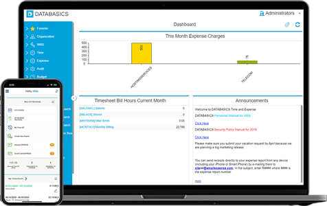 time and expense management software on phone and laptop
