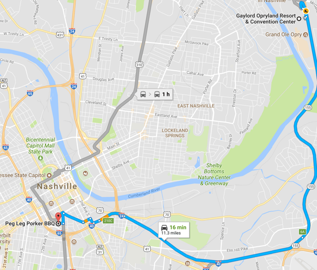 map to Peg Leg Porker BBQ in Nashville for GPUG expense software conference