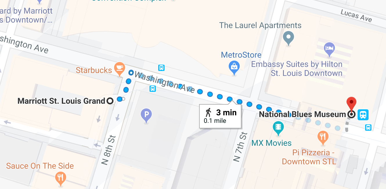 map to National Blues Museum in St. Louis for time expense software conference